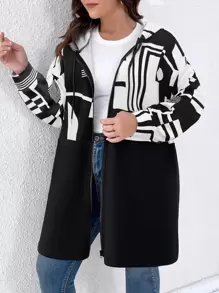 SHEIN LUNE Geometric Printed Hooded Plus Size Mid-length Coat - Black and White - View 4