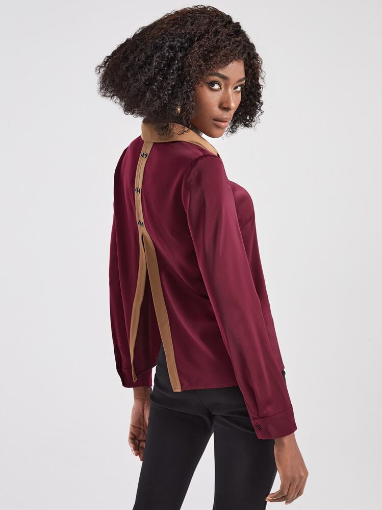 Bronze Empire Contrast Trim Button Back Shirt - Burgundy - View 1
