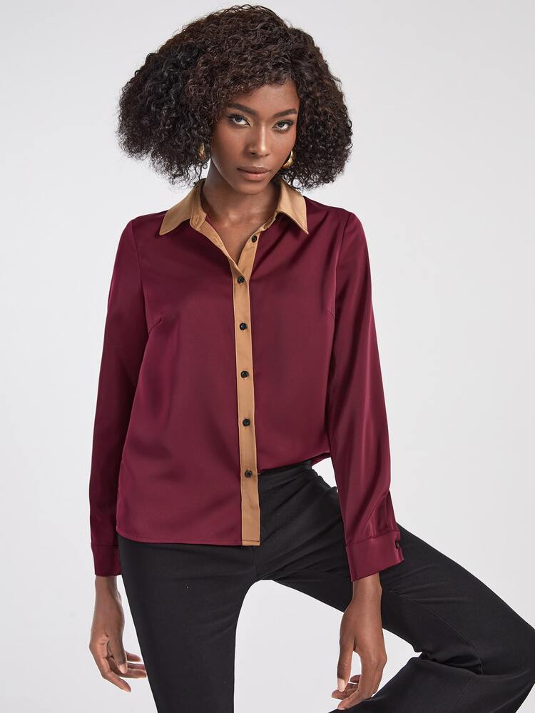 Bronze Empire Contrast Trim Button Back Shirt - Burgundy - View 4