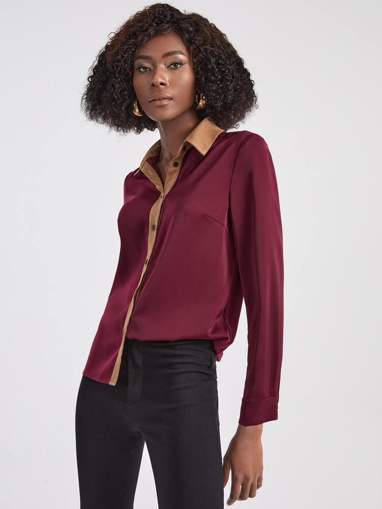 Bronze Empire Contrast Trim Button Back Shirt - Burgundy - View 6