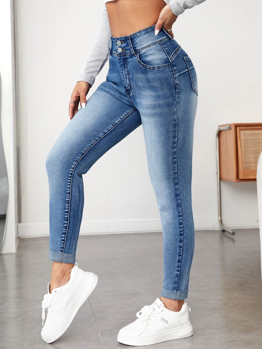 SHEIN PETITE Slant Pocket Skinny Jeans - Medium Wash - View 1
