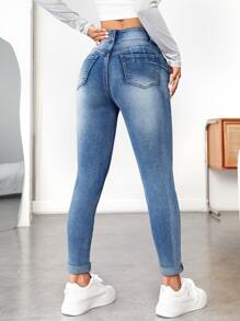 SHEIN PETITE Slant Pocket Skinny Jeans - Medium Wash - View 2