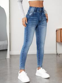 SHEIN PETITE Slant Pocket Skinny Jeans - Medium Wash - View 4