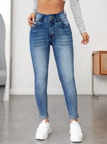 SHEIN PETITE Slant Pocket Skinny Jeans - Medium Wash - View 5