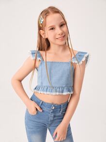 Chicas Top mezclilla crop ribete con fruncido - Lavado ligero - Ver 1