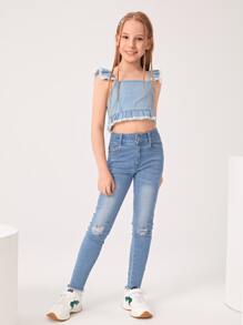 Chicas Top mezclilla crop ribete con fruncido - Lavado ligero - Ver 3