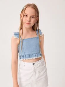 Chicas Top mezclilla crop ribete con fruncido - Lavado ligero - Ver 4