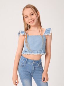 Chicas Top mezclilla crop ribete con fruncido - Lavado ligero - Ver 5