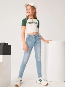 Jeans rasgados de 1 pieza para niña preadolescente - Lavado ligero - Ver 1