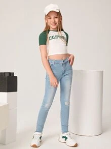 Jeans rasgados de 1 pieza para niña preadolescente - Lavado ligero - Ver 4