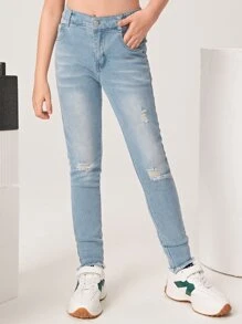 Jeans rasgados de 1 pieza para niña preadolescente - Lavado ligero - Ver 6