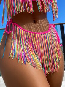 SHEIN Swim Summer Beach Colorful Stripe Fringe Hem Tie Side Bikini Bottom - Multicolor - View 1