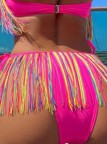 SHEIN Swim Summer Beach Colorful Stripe Fringe Hem Tie Side Bikini Bottom - Multicolor - View 2
