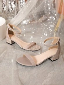 Xăng đan cao gót có dây đeo đến mắt cá chân bằng kim loại Chunky cho nữ, Xăng đan có gót dự tiệc quyến rũ - Rượu sâm banh - Xem 6