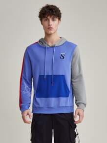 Saint Men Colour Block Letter Graphic Kangaroo Pocket Drawstring Hoodie - Blue - View 1