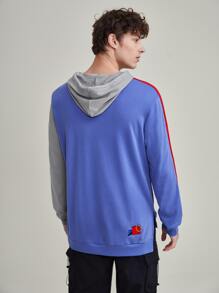 Saint Men Colour Block Letter Graphic Kangaroo Pocket Drawstring Hoodie - Blue - View 2