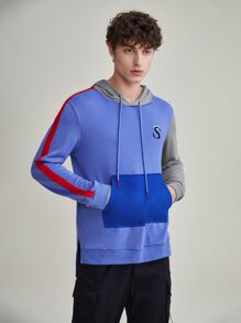 Saint Men Colour Block Letter Graphic Kangaroo Pocket Drawstring Hoodie - Blue - View 3