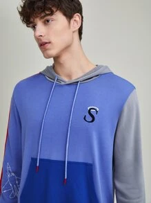 Saint Men Colour Block Letter Graphic Kangaroo Pocket Drawstring Hoodie - Blue - View 7