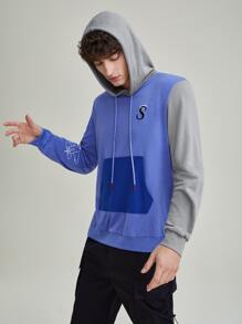 Saint Men Colour Block Letter Graphic Kangaroo Pocket Drawstring Hoodie - Blue - View 8