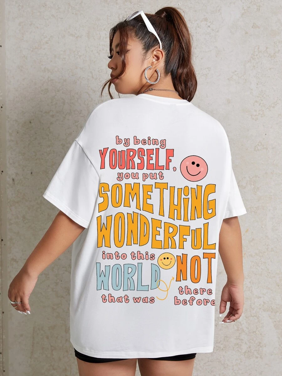 LittlestoMiddles Plus Size Slogan & Cartoon Face Print Drop Shoulder Tee - White - View 1