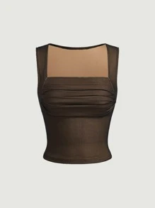 SHEIN MOD Ruched Mesh Tank Top - Coffee Brown - View 1