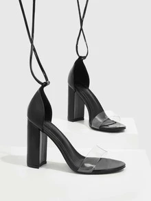 Tie Leg Design Chunky Heeled Strappy Sandals - Black - View 5