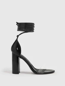 Tie Leg Design Chunky Heeled Strappy Sandals - Black - View 3