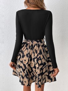 SHEIN Frenchy Allover Print Scoop Neck Belted A-line Dress - Coffee Brown - View 2