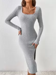 SHEIN Frenchy Vestido ajustado de cuello cuadrado de muslo con abertura - Gris - Ver 5