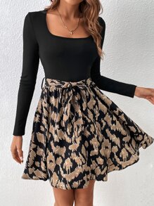 SHEIN Frenchy Allover Print Scoop Neck Belted A-line Dress - Coffee Brown - View 4