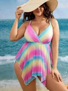 Plus Size Ombre Asymmetrical Hem Swim Dress Summer Beach - Multicolor - View 1