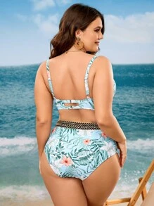 Swim Vcay Plus Size Tropical Print Push Up Bikini Set Summer Beach - Multicolor - View 2