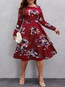 SHEIN Clasi Plus Floral Print A-line Dress - Burgundy - View 1