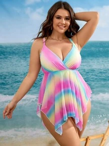 Plus Size Ombre Asymmetrical Hem Swim Dress Summer Beach - Multicolor - View 6