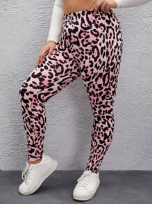 SHEIN LUNE 大碼豹紋印花緊身打底褲 - 彩色 - 查看 1