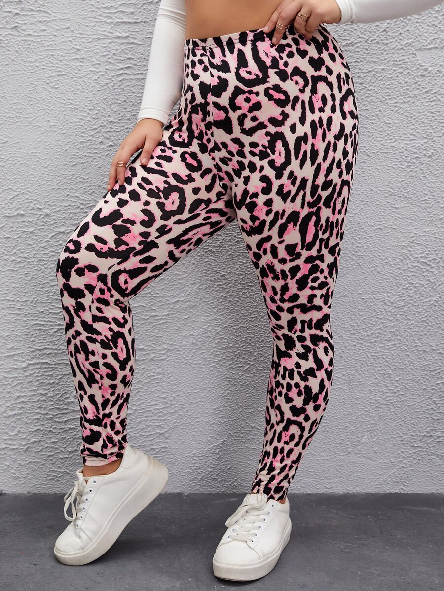 SHEIN LUNE 大碼豹紋印花緊身打底褲 - 彩色 - 查看 1
