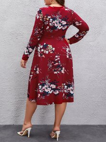 SHEIN Clasi Plus Floral Print A-line Dress - Burgundy - View 2