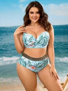 Swim Vcay Plus Size Tropical Print Push Up Bikini Set Summer Beach - Multicolor - View 5