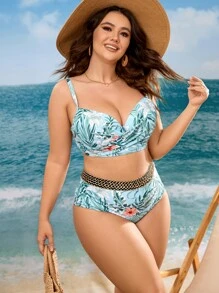 Swim Vcay Plus Size Tropical Print Push Up Bikini Set Summer Beach - Multicolor - View 6
