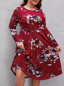 SHEIN Clasi Plus Floral Print A-line Dress - Burgundy - View 3