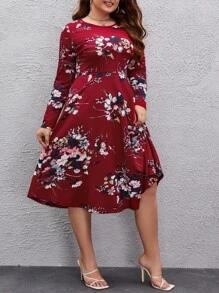SHEIN Clasi Plus Floral Print A-line Dress - Burgundy - View 4