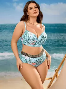 Swim Vcay Plus Size Tropical Print Push Up Bikini Set Summer Beach - Multicolor - View 7