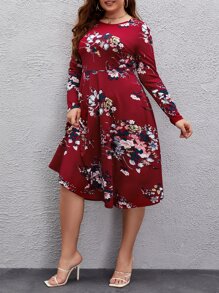SHEIN Clasi Plus Floral Print A-line Dress - Burgundy - View 5