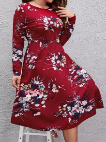 SHEIN Clasi Plus Floral Print A-line Dress - Burgundy - View 6