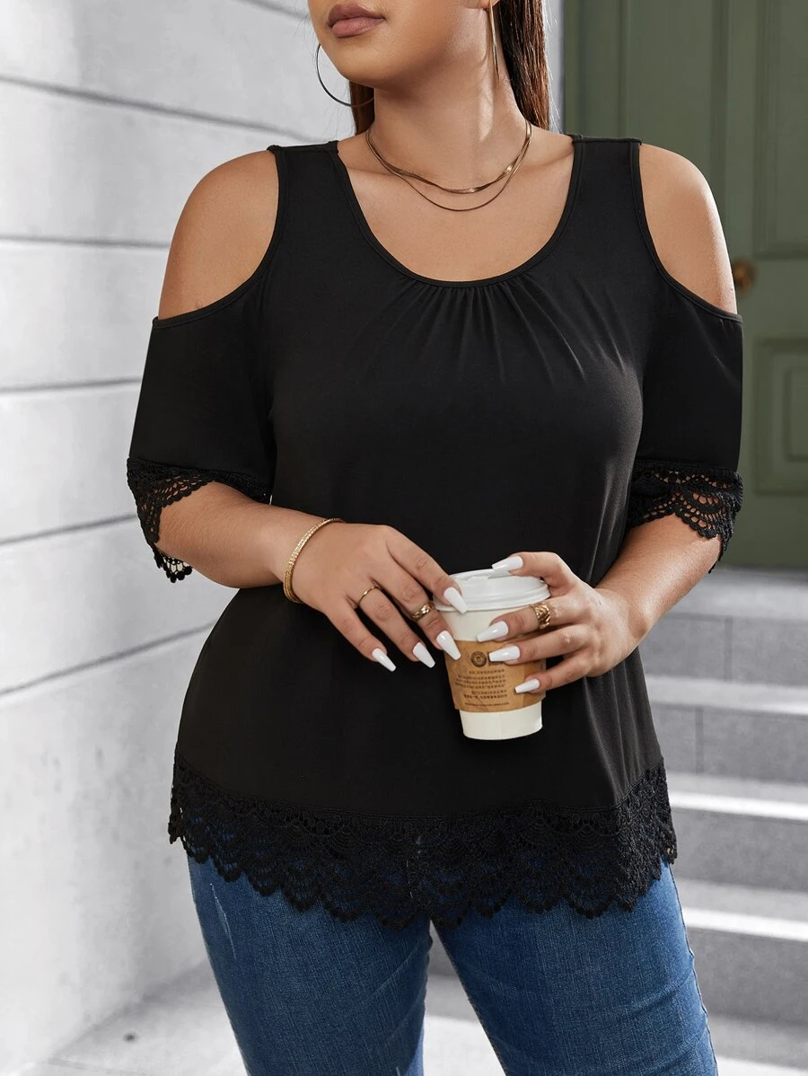 Calvaya Áo thun Plus size Tương phản ren Cắt ra màu trơn Giải trí - màu đen - Xem 1