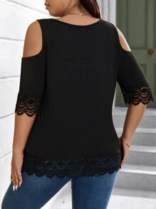 Calvaya Áo thun Plus size Tương phản ren Cắt ra màu trơn Giải trí - màu đen - Xem 2