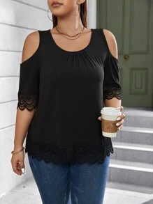 Calvaya Áo thun Plus size Tương phản ren Cắt ra màu trơn Giải trí - màu đen - Xem 5