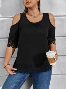 Calvaya Áo thun Plus size Tương phản ren Cắt ra màu trơn Giải trí - màu đen - Xem 6