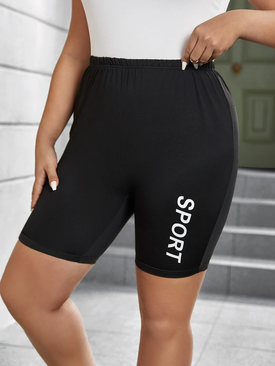 Flirla Plus Letter Graphic Cycling Shorts - Black - View 1