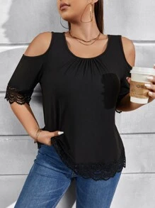 Calvaya Áo thun Plus size Tương phản ren Cắt ra màu trơn Giải trí - màu đen - Xem 7